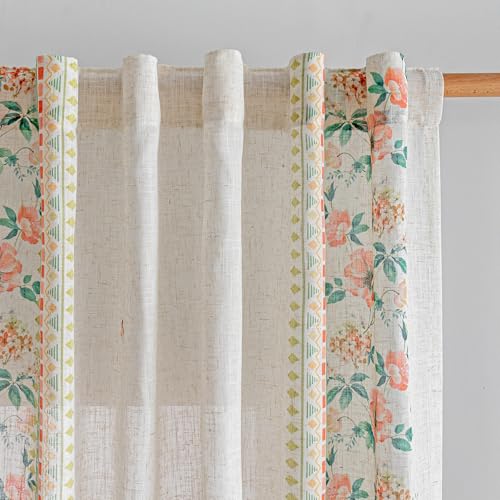 Image of MYSKY HOME Boho Floral Curtains with Butterfly 63 inch Semi Sheer Linen Look for Bedroom Kitchen Bohemian Style Farmhouse Home Decor Light Filtering Privacy Protect Back Tab Drape, 50 inch, Pink, 2 Panels