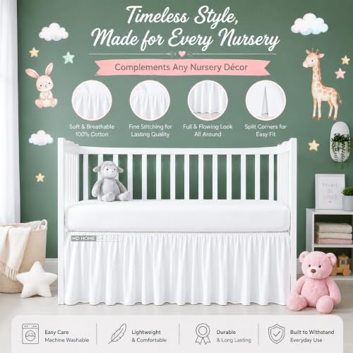 Image of Crib Bed Skirt Dust Ruffle with Split Corners - 100% Cotton - Nursury Standard Crib Bedding Toddler Bedskirt for Baby Boys or Baby Girls - 14 inch Drop - White Crib Skirt