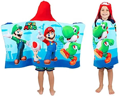 Super Mario Bath/Pool/Beach Soft Cotton Terry Hooded Towel Wrap, 24 in x 50 in, By Franco Kids