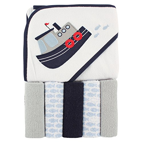 Image of Luvable Friends Unisex Baby Hooded Towel with Five Washcloths, Tugboat, One Size