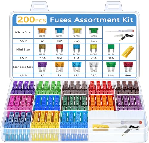 200Pcs Car Fuse Assortment Kit (40 Micro + 80 Mini + 80 Standard Blade Fuses) with Circuit Tester Pen – 3A/5A/7.5A/10A/15A/20A/25A/30A/40A for Auto, RV, Truck, Boat