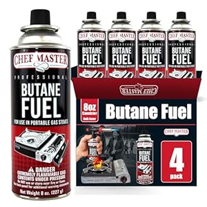 Chef Master 4x 8oz Butane Fuel Canister – Butane Refill for Kitchen Torch & Camp Stove – Gas Canister for Picnics, Outdoor Cooking, Grilling – Camping Stove, Torch Fuel Camping Essentials – 90340