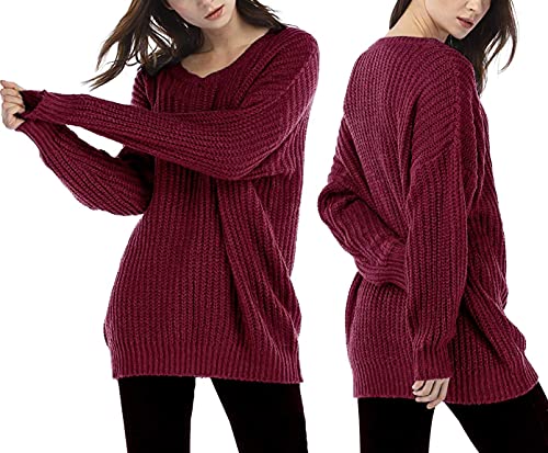 Arjosa Women's Fall Sweaters Pullover Oversized Crew Neck Long Sleeve Knit Sweater Tunic Tops (X-Large, Wine Red) #TOP1