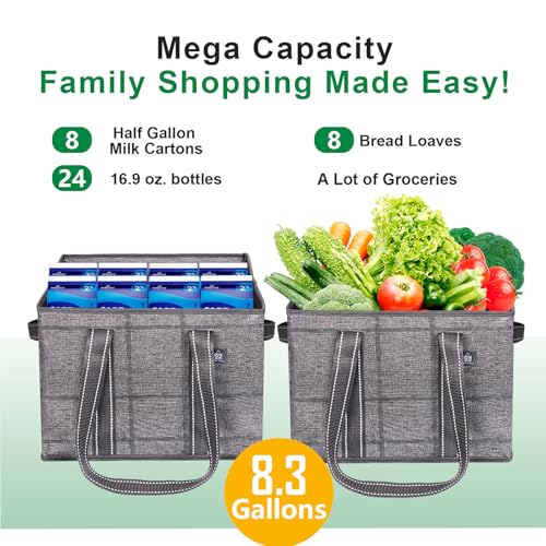 VENO 2 Pack 8 Gallon Reusable Grocery Bags, Extra Large Shopping Bags for groceries, Utility Tote with Handles and Hard Bottom, Foldable Cart Organizer, Water Resistant, Heavy-Duty (Windowpane)