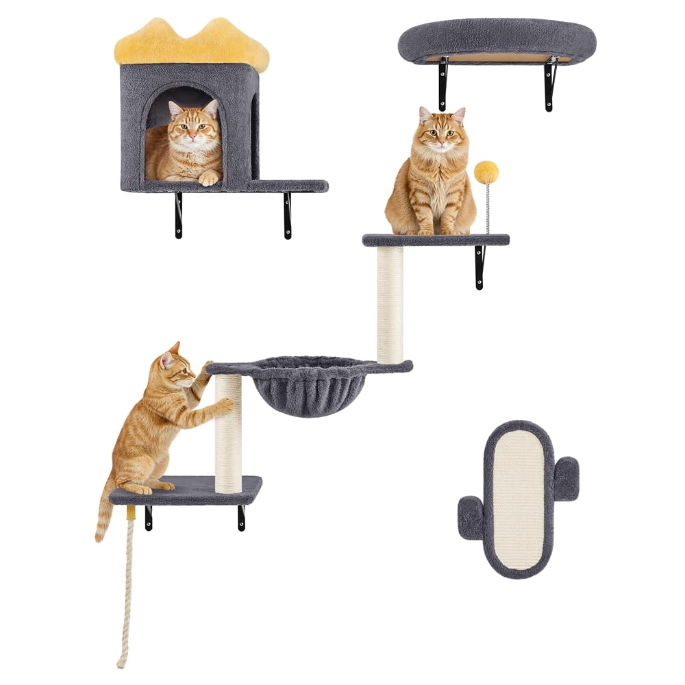 Yaheetech Kletterwand Katzen Wandelemente mit Katzenhaus & Korb dunkelgrau | Kletterwand-Set | Katzen Wandelemente | mit Kratzbrett Kratzsäulen | Ideal für kleine Räume | FSC-zertifizierten Spanplatten
