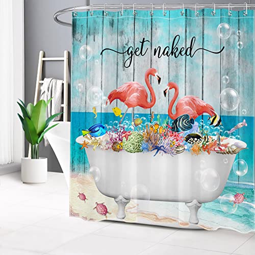Lb YL28886-180-D Pink Flamingo Shower Curtain Tropical Fish Coral In Bathtub On Beach Shower Curtain Set Blue Ocean Get Naked Shower Curtains thumb #2