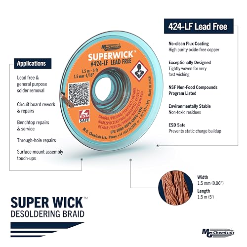Image of MG Chemicals - 424-LF Desoldering Braid #2 Fine Braid Super Wick for Lead Free Solder, 0.05 inch Width x 5' Length
