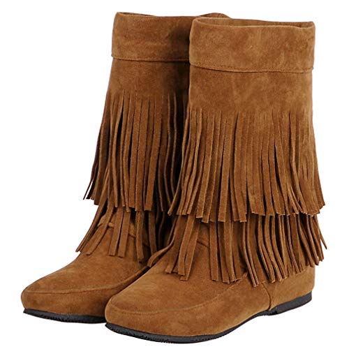 Caradise Womens Faux Suede 2 Layer Tassel Fringe Ankle Boots Flat Mid Calf Boots