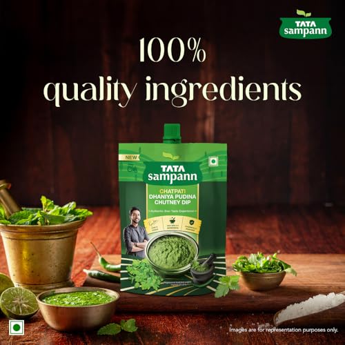 Image of Tata Sampann Chatpati Dhaniya Pudina Chutney Dip, Made with Fresh Coriander and Mint, Tangy and Flavorful, Hari Chutney, Ready to eat, Pairs well with Parathas, Chaats & Snacks, 100% Quality Ingredients, Hygienically Prepared, 200 g