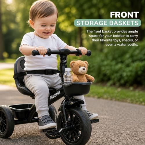 Image of Maanit Kids Tricycle with Rear Basket | Comfortable Cushioned Seat | Baby Trike for Boys & Girls Ages 2 to 4 Years | Sturdy & Safe Tricycle