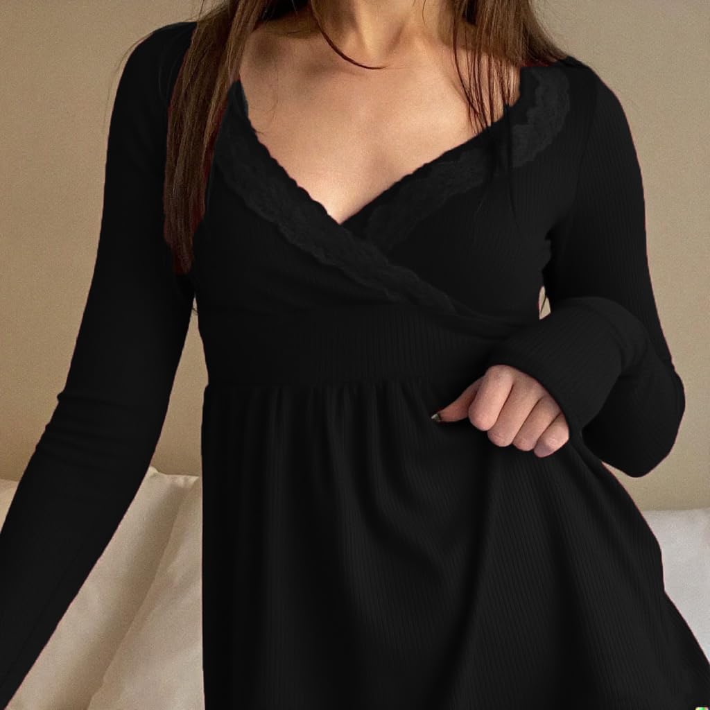 Women Long Sleeve Babydoll Tops Cute Y2k Fairy Grunge V Neck Peplum Blouse Vintage Girls Teens Tee Shirts - Image 4