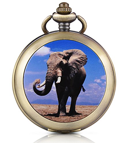 Preisvergleich Produktbild Unendlich U Elefant Foto Medaillon Handaufzug Mechanische Taschenuhr Weißes Zifferblatt Skelettuhr Pullover Halskette, beide Ketten