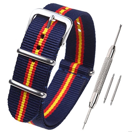 Airself NATOタイプ 時計ベルト 時計バンド ナイロン 替えバンド 替えベルト (交換説明書 交換工具 バネ棒付) (18mm, ネイビー×レッド×イエロー)