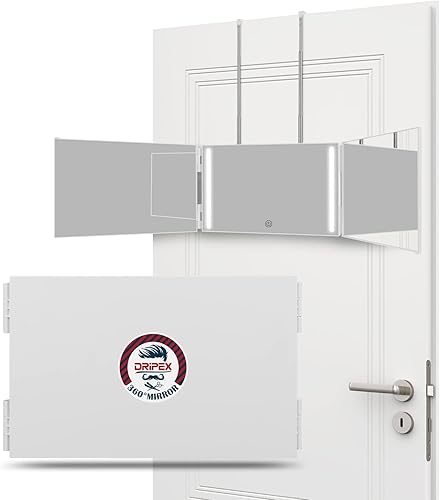 Dripex Espejo de 3 vías para corte de cabello automático, espejo recargable de 360 con luces LED, espejo de corte de pelo triple con ganchos