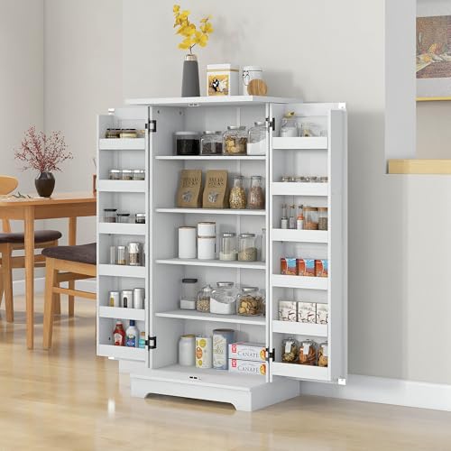 HOMCOM Credenza da cucina, mobile da cucina, armadio per porcellane, 5 livelli, con ante e ripiani regolabili, 60 x 40 x 120 cm, venatura del legno, crema - immagine 3