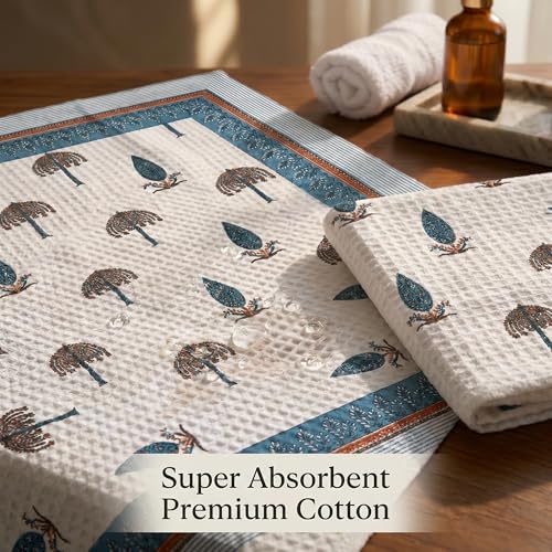 Image of Mafatlal Madhuban Soft Cotton Bath & Hand Set (1 Bath 147x76 cm + 2 Hand 76x38 cm) | 250 GSM | Absorbent, Floral Hand Print | Lagoon