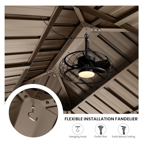 CROSSIO 20'' Outdoor Ceiling Fan with Lights Remote Control, Outdoor Ceiling Fans with Hanging Hook, Dimmable Caged Industrial Chandelier with Fan, Fandelier for Gazebo Patio Pergola, Black - Image 3