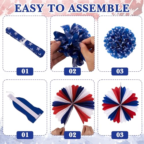 Image of 4th of July Patriotic Decorations 250th Anniversary Red White Blue Paper Fans Pompom Star Tassel Garland Independence Day Hanging Swirls for Fourth of July Memorial Party Supplies Decor