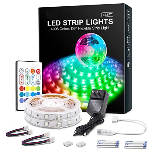 RGB LED Strip Lights 65.6ft,4096 DIY Colors Rope Lights with Memory Function,Self-Adhesive Color Changing LED Light Strip with Remote,30mins Timing Off LED Tape Light Kits for Bedroom Kitchen Cabinet