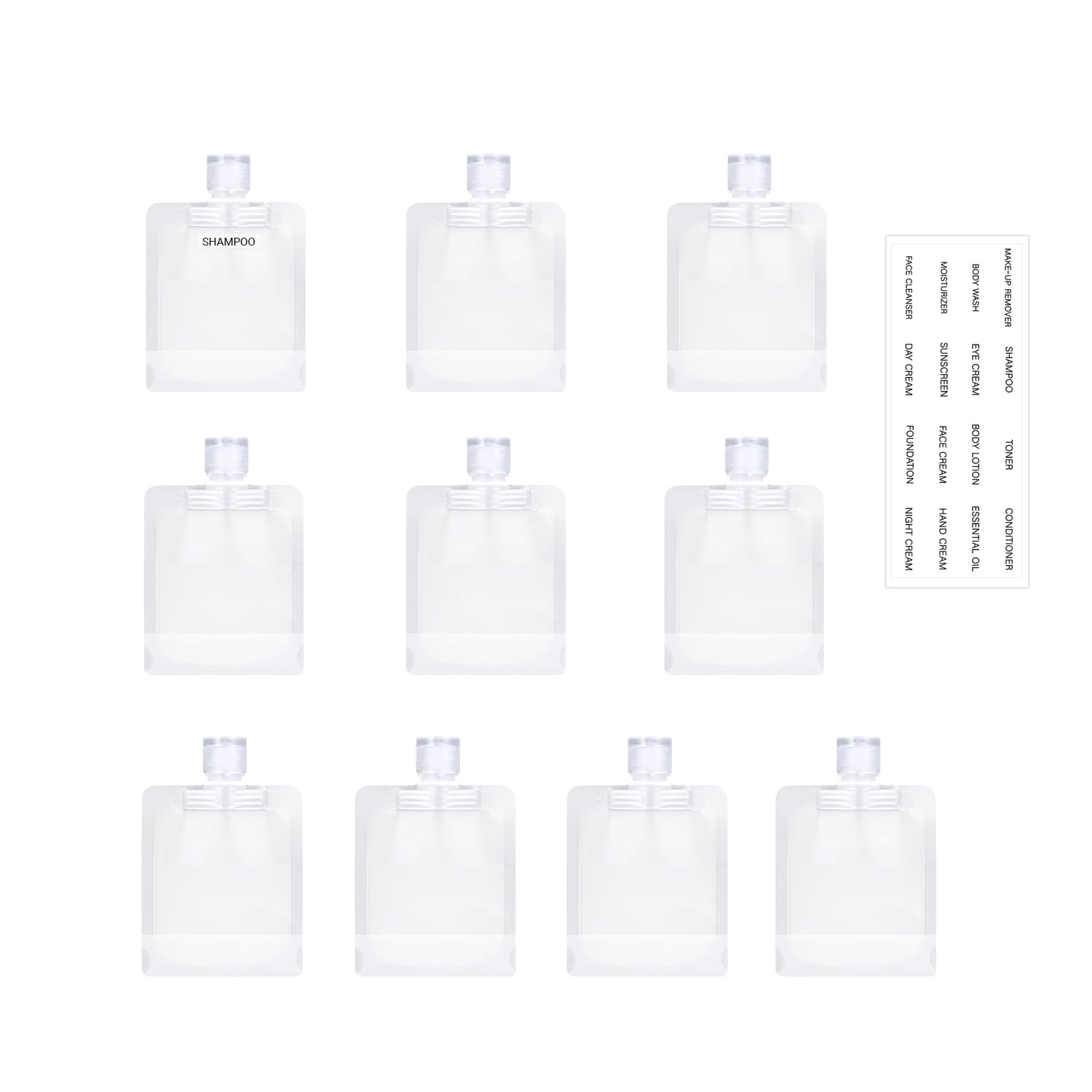 Leak Proof Empty Squeeze Pouches,Refillable Travel Pouches for Toiletries Portable,Travel Fluid Makeup Packing Bag for Lotion Shampoo Face Cream Hand Soap (9 oz-6 pack), Clear+1oz, 1 oz, Flap-image-6