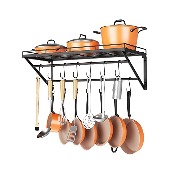 OROPY 31 Inch Wall Mounted Pot Rack Storage Shelf with 2 Tier Hanging Rails 14 S Hooks included, Ideal for Pans, Utensils, Cookware - Black