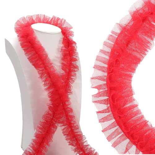 CABODYALS Adorno de Encaje Plisado con Volantes Rojos de 50mm, Ancho, Multicapa, Malla de Organza 3D con Borde Fruncido, Ribete de Poliéster Eibbon, para Costura, Manualidades, Ropa, Vestidos de Novi