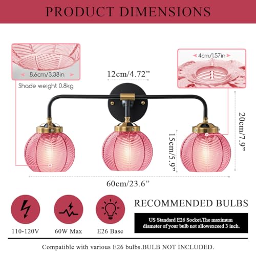 Image of Glass Bathroom Vanity Light Red Ribbed Glass Wall Light Fixtures 3-Light 23.6 Inch Mid Century Bathroom Lights Fixture Globe Vanity Lamp Over Mirror Wall Sconce for Bedroom Hallway