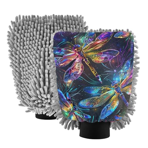 IOACIY Absorbent Microfiber Car Wash Drying Mitts, 2 Pack, Scratch-Free & Lint-Free, Rich Foam, Highly Absorbent, Double Sided, Wash Mitt Perfect for Car Washing, M, Dragonfly (2)