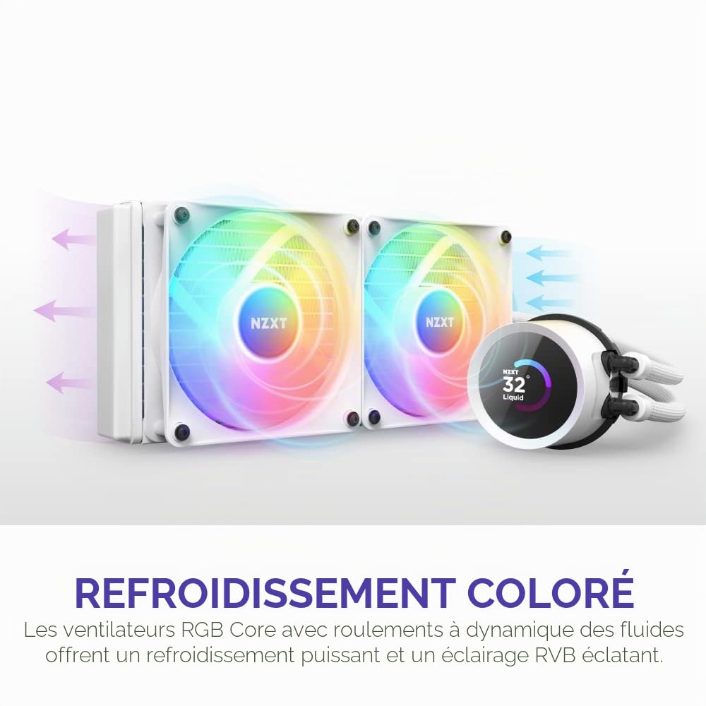 NZXT Kraken 360 RGB - RL-KR360-W1 - Refroidisseur pour processeur AIO de 360 mm - Écran LCD de 1,54 pouces personnalisable. Pompe haute performance - 3 ventilateurs F120 RGB Core - Blanc