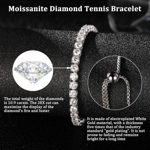 4MM Moissanite Tennis Bracelet for Women, 10.9 ct Adjustable Moissanite Bracelets, 925 Sterling Silver White Gold Plated, Luxury Birthday or Anniversary Jewelry Gift for Her4