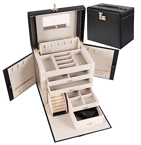 SANSREPONSE ジュエリーボックス 全品3点セット 大容量 豪華 アクセサリーケース アクセサリー収納 アクセサリーボックス 宝石箱 鍵付き ミラー付き ピアス ネックレス 指輪置き (L-ブラック)