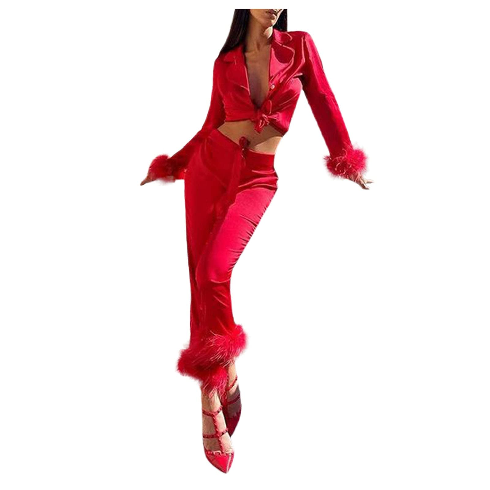Pigiama da donna in raso di seta, sexy con scollo a V, a maniche lunghe, set da due pezzi, comodo pigiama con piume, set da sposa in tinta unita, colletto con risvolto, abbigliamento da notte, super