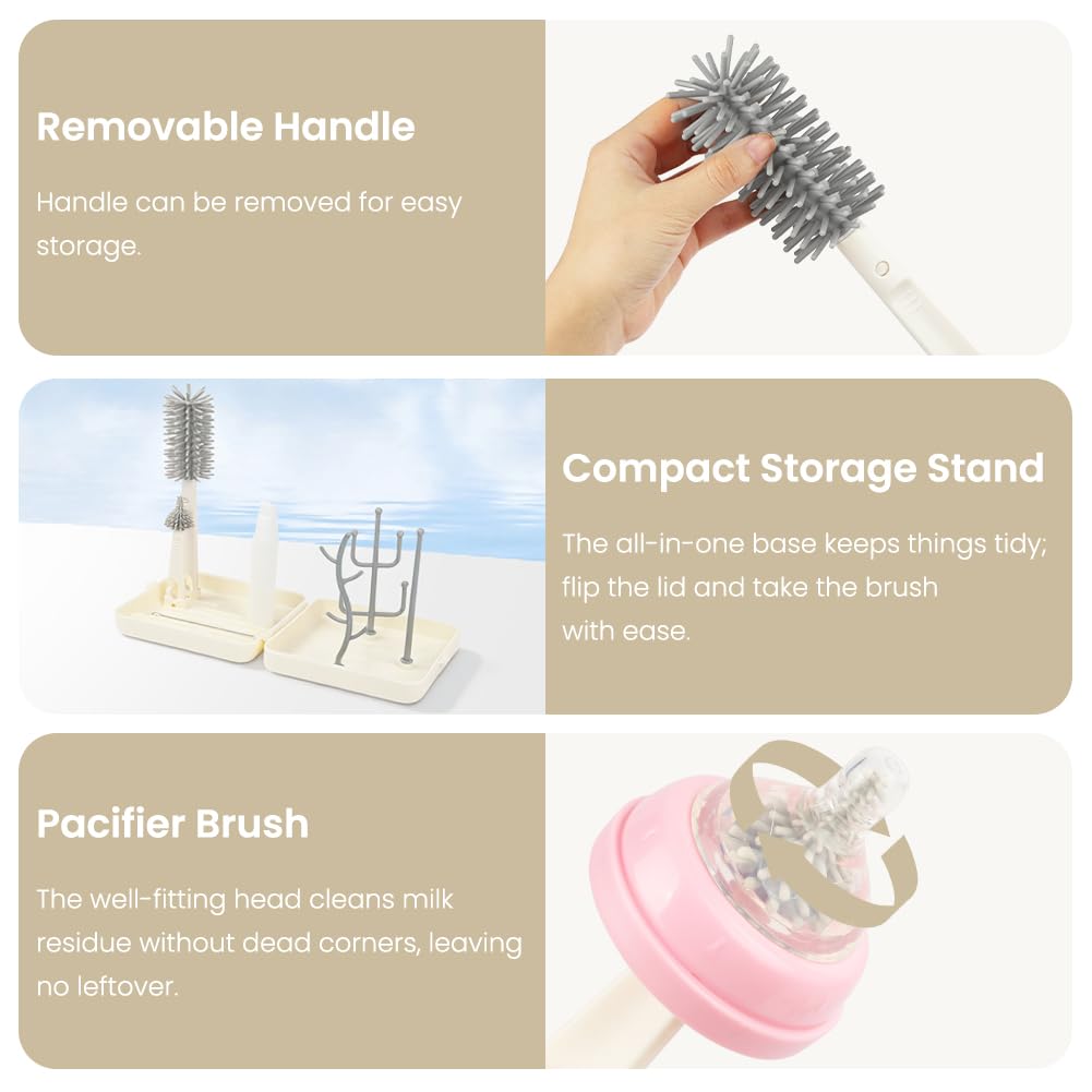 Set Di Spazzole Per Biberon 6 In 1 Da Viaggio - Kit Pulizia Con Spazzola In Silicone, Scovolino, Dispenser Sapone E Asciugabiberon Pieghevole - 4