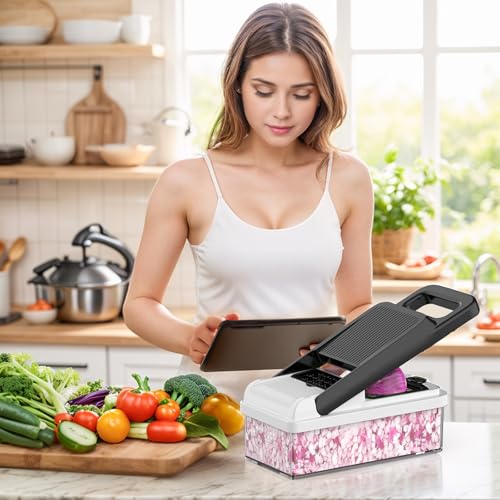 12-in-1 Vegetable Chopper, 7 Blades Veggie Chopper with Container and Lid, Dicer, Slicer, Multifunctional Kitchen Gadgets, Vegetable Cutter with Handle, Onion Cutter(Black/White)