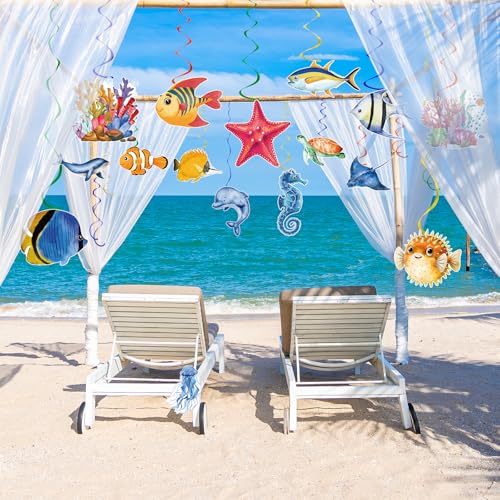 Image of 48 Pieces Sea Animals Hanging Swirl, Under the Sea Animals Fish Birthday Ocean Party Ceiling Decor Tropical Fish Beach Party Favors for Boys Girls Ocean Mermaid Creatures Baby Shower