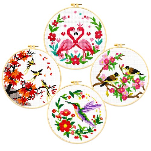 Image of Zhenqing 4 Bird Circle Cross Stitch Kit 11CT Pre-Printed Floral Bird Embroidery Kit with 20cm Hoop, Flamingo Hummingbird Songbirds DIY Beginner Craft Home Wall Decor Gift