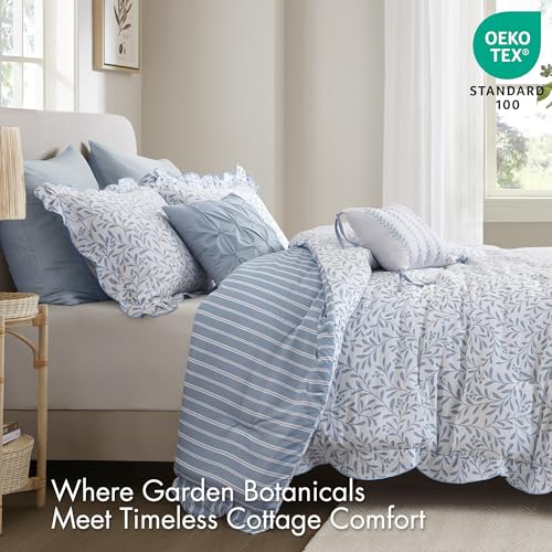 Image of Madison Park Reversible Botanical Comforter Set, 5PC King Bedding Set | Summer Floral Print Bed Set with Scalloped Edges, Lightweight Bedding with Decorative Pillows, Blue