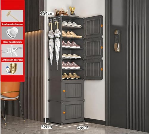 Image of Plastic Shoe Rack for Home with Door | 10-Shelf DIY Shoe Cabinet Organiser | Stores 20 Pairs | Foldable & Waterproof Shoe Stand for Entryway, Bedroom (Grey-HZ1, 10-Layer)