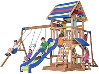 Backyard Discovery Beach Front All Cedar Wooden Swing Set, Large Upper Deck with Canopy, Ships Wheel, Play Telescope, Sandbox, Snack Bench, Rock Wall