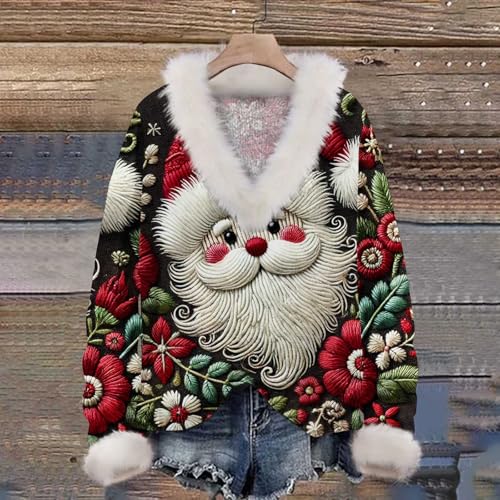 Suéter verde de Navidad para mujer con cuello de pelo sudadera Papá Noel invierno 2