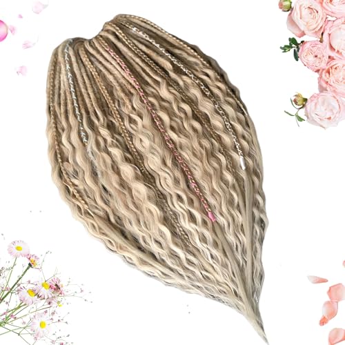 BOHO Curly Double Ended Dreadlock Extensions 21Inch Ombre Wavy Dreads 10 Strands Handmade Crochet Thin Soft Loc Extensions for Women Men Custom Dreadlock (Creamy Ash)
