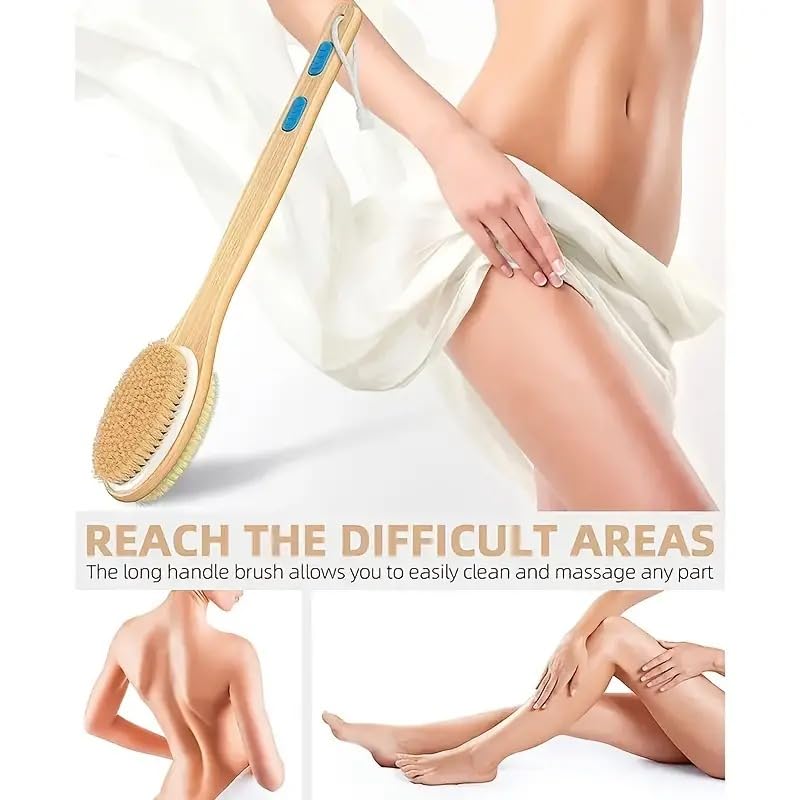 Image of Dry Brushing for Body Cellulite and Lymphatic, Dry Skin Long Handle Body Brush Natural Bristle Exfoliator Scrubber for Bath Shower Wash Brushing Exfoliating Legs and Back