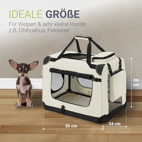 Juskys Hundetransportbox Lassie S faltbar & tragbar 34x50x36 cm mit Decke, Tasche & Griffen - Faltbare Transportbox für Hunde, Katzen & Haustiere - Oxford Stoff Hundebox Auto Hundetasche - Beige