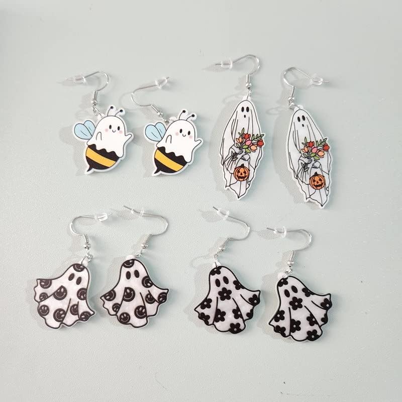 Acrylic Halloween Earrings Set for Women Ghost Earring Spooky Dangle Acrylic Earrings Cute Cartoon Raccoon Cat Skeleton Gifts Party Jewelry Gift4