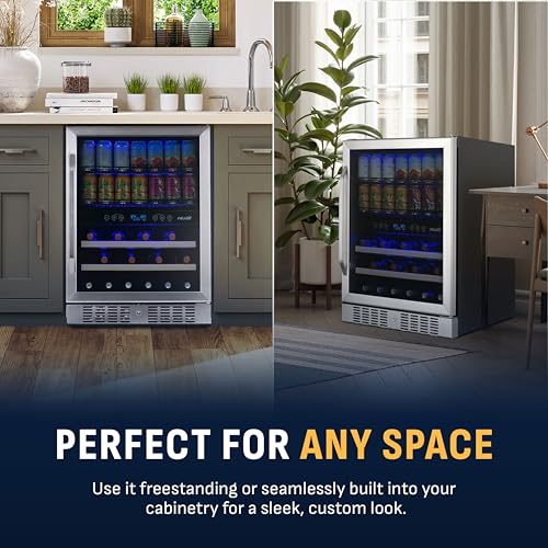 Image of NewAir 24 inch Dual Zone Beverage Refrigerator & Wine Cooler for 20 Bottles & 70 Cans | Freestanding or Built-In Under Counter Mini Fridge for Beer, Wine and Soda | Stainless Steel