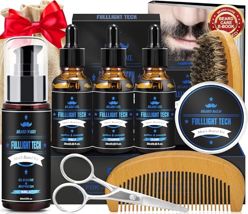 Beard Grooming Kit for Men w/3 Scented Beard Oil, Vanilla Shampoo/Wash,Balm,Brush,Scissors,Comb,Complete Beard Care Kit for Men,Christmas Valentines Birthday Gifts for Him Dad Boyfriend Husband