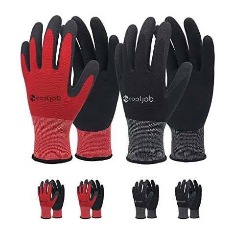 COOLJOB Gardening Gloves for Men, 6 Pairs Work Gloves Men, Durable Garden Gloves Men, Rubber Coated Safety Working Gloves for Power Grip, Men’s Medium Size Fits Most, Black & Red (Half Dozen M) Cover