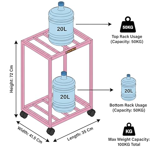 Image of 2-Tier Metal Water Dispenser Stand with Lockable Wheels ? Heavy-Duty Black Frame Cart for 20?25L Bottles, Cans & Jars | Multifunctional Kitchen & Home Storage and Mobility Solution(Pink)