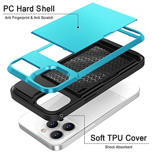 Anuck Case For Iphone 13 Pro Max Case With Card Holder, Shockproof Heavy Duty Wallet Case [Credit Card Slot][Slide Cover] Anti-Scratch Shell Dual Layer Armor Bumper Protective Phone Case - Light Blue #TOP3
