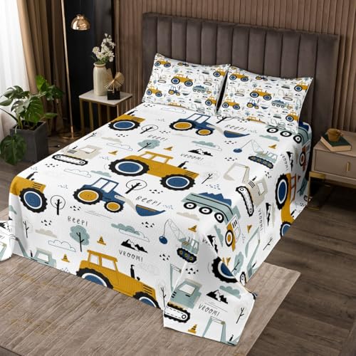 Erosebridal Construction Coverlet Set Kids for Boys Cartoon Cars Bedspread Set Twin Size Equipment Trucks Bed Set Excavator Tractor Bedspread Cover White Yellow for Girls Teens Bedroom Decor